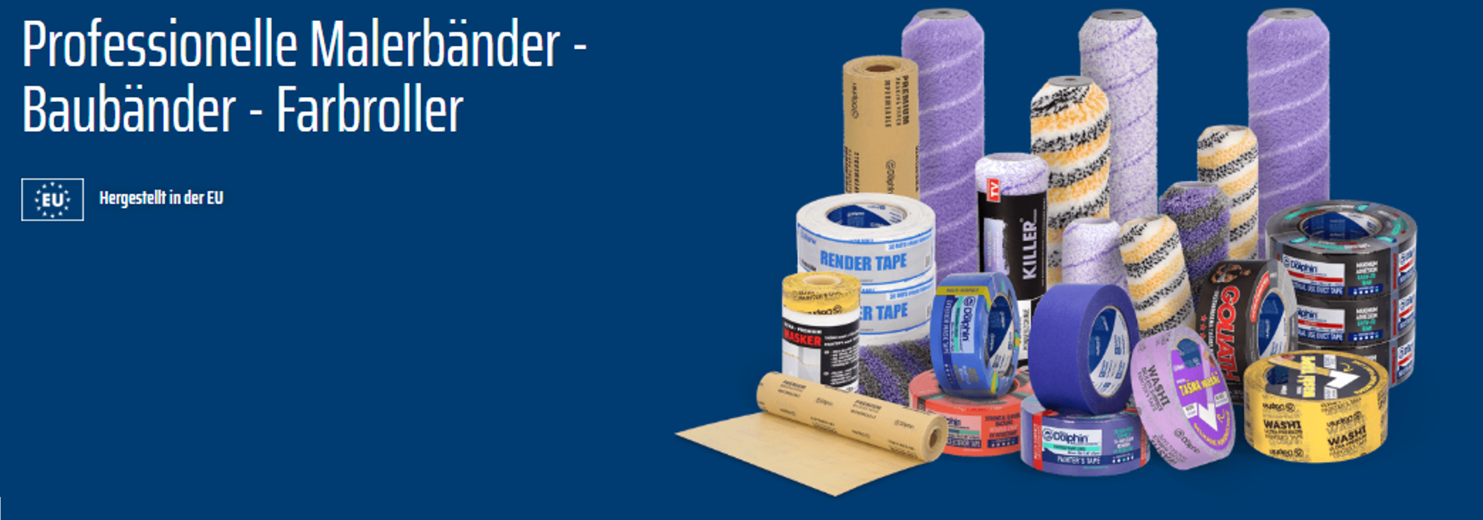 Eine Sammlung verschiedener Baumaterialien, einschließlich Rollen von Klebeband und Abdeckband, auf einem blauen Hintergrund.