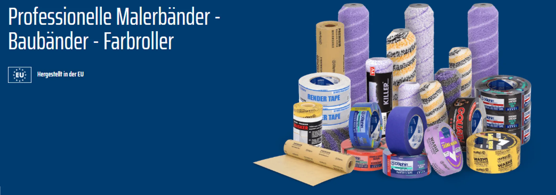 Eine Sammlung verschiedener Baumaterialien, einschließlich Rollen von Klebeband und Abdeckband, auf einem blauen Hintergrund.