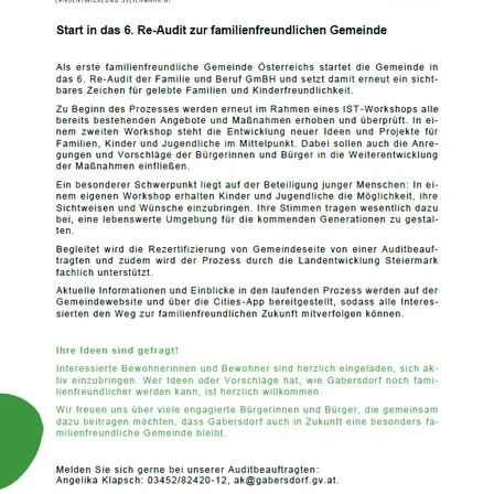 Gadersdorf, die erste familienfreundliche Gemeinde Österreichs, beginnt ihr 6. Re-Audit der Familie und Beruf GmbH. Workshops für Familien, Kinder und Jugendliche finden statt, mit einem Fokus auf die Beteiligung junger Menschen. Die Gemeinde sucht nach Ideen, um eine bessere Umgebung für zukünftige Generationen zu schaffen.