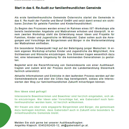 Gadersdorf, die erste familienfreundliche Gemeinde Österreichs, beginnt ihr 6. Re-Audit der Familie und Beruf GmbH. Workshops für Familien, Kinder und Jugendliche finden statt, mit einem Fokus auf die Beteiligung junger Menschen. Die Gemeinde sucht nach Ideen, um eine bessere Umgebung für zukünftige Generationen zu schaffen.