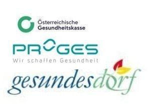 Das Bild zeigt die Logos der Osterreichische Gesundheitskasse und PROGES mit dem Slogan 'Wir schaffen Gesundheit' und 'gesundes dorf'. Es enthält grüne und blaue Farben mit einem Blattsymbol.