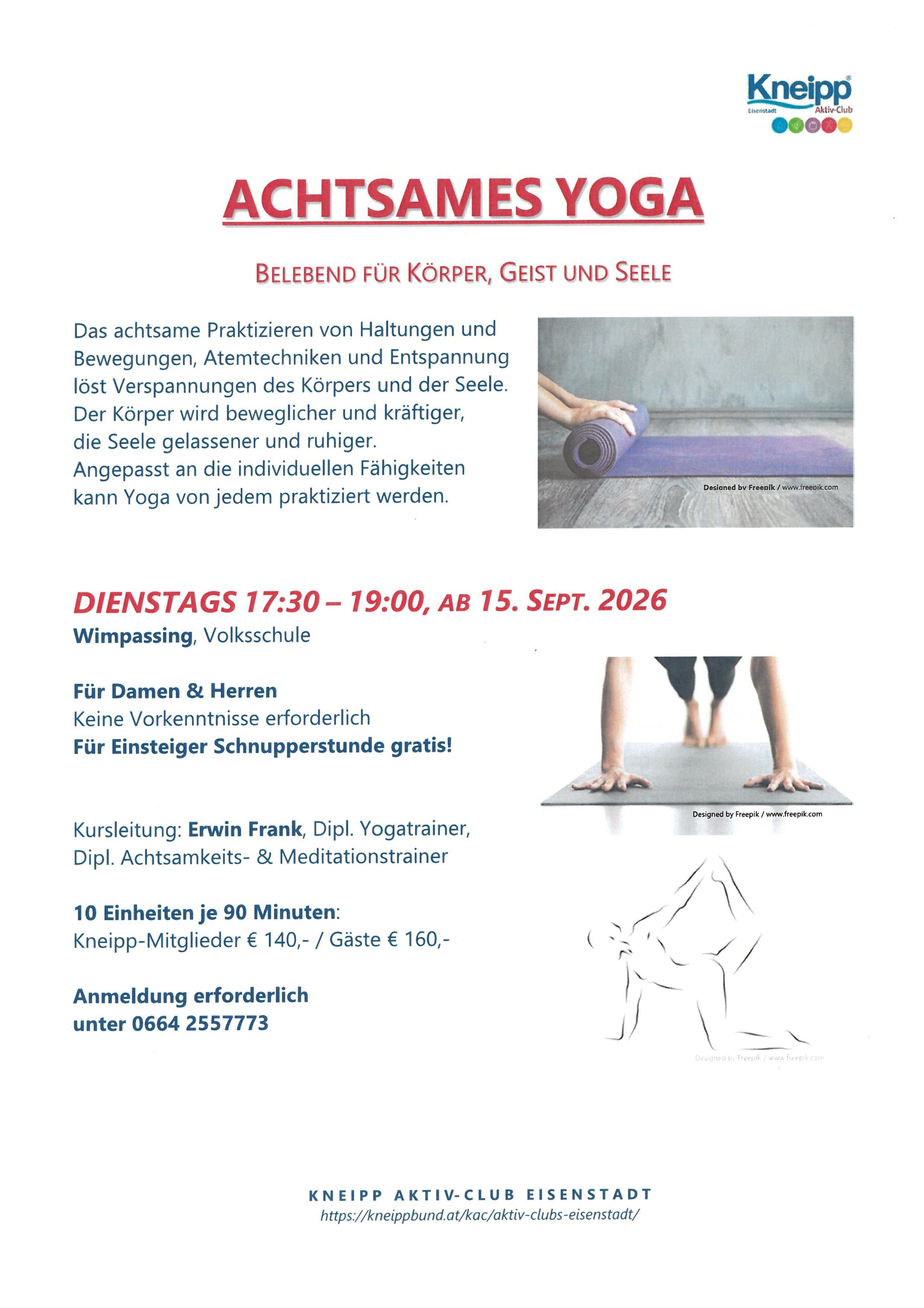 Ein Flyer für Achtsames Yoga, eine Yoga-Klasse für Körper, Geist und Seele. Es zeigt eine Yoga-Pose und den Zeitplan für die Klasse.