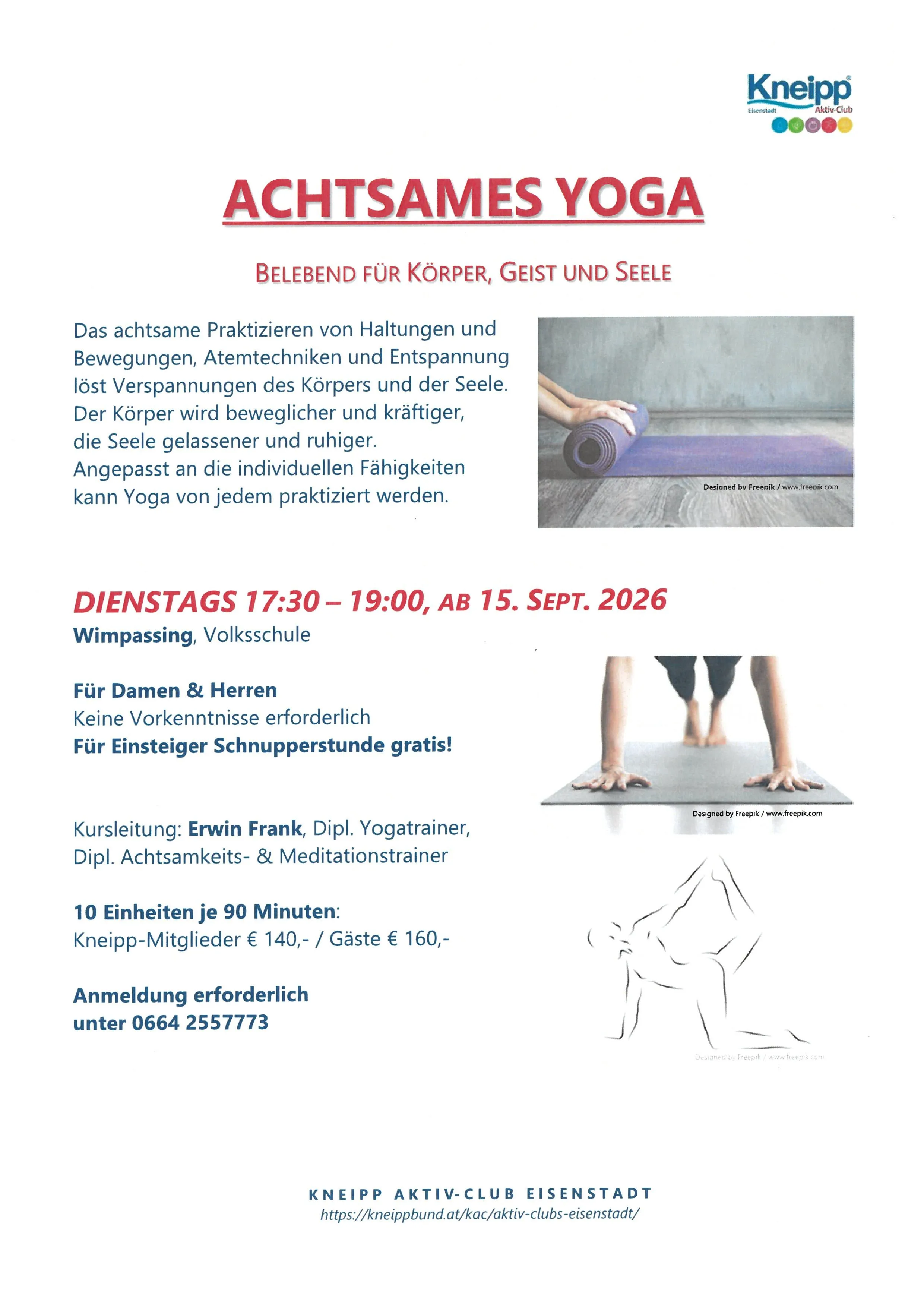 Ein Flyer für Achtsames Yoga, eine Yoga-Klasse für Körper, Geist und Seele. Es zeigt eine Yoga-Pose und den Zeitplan für die Klasse.