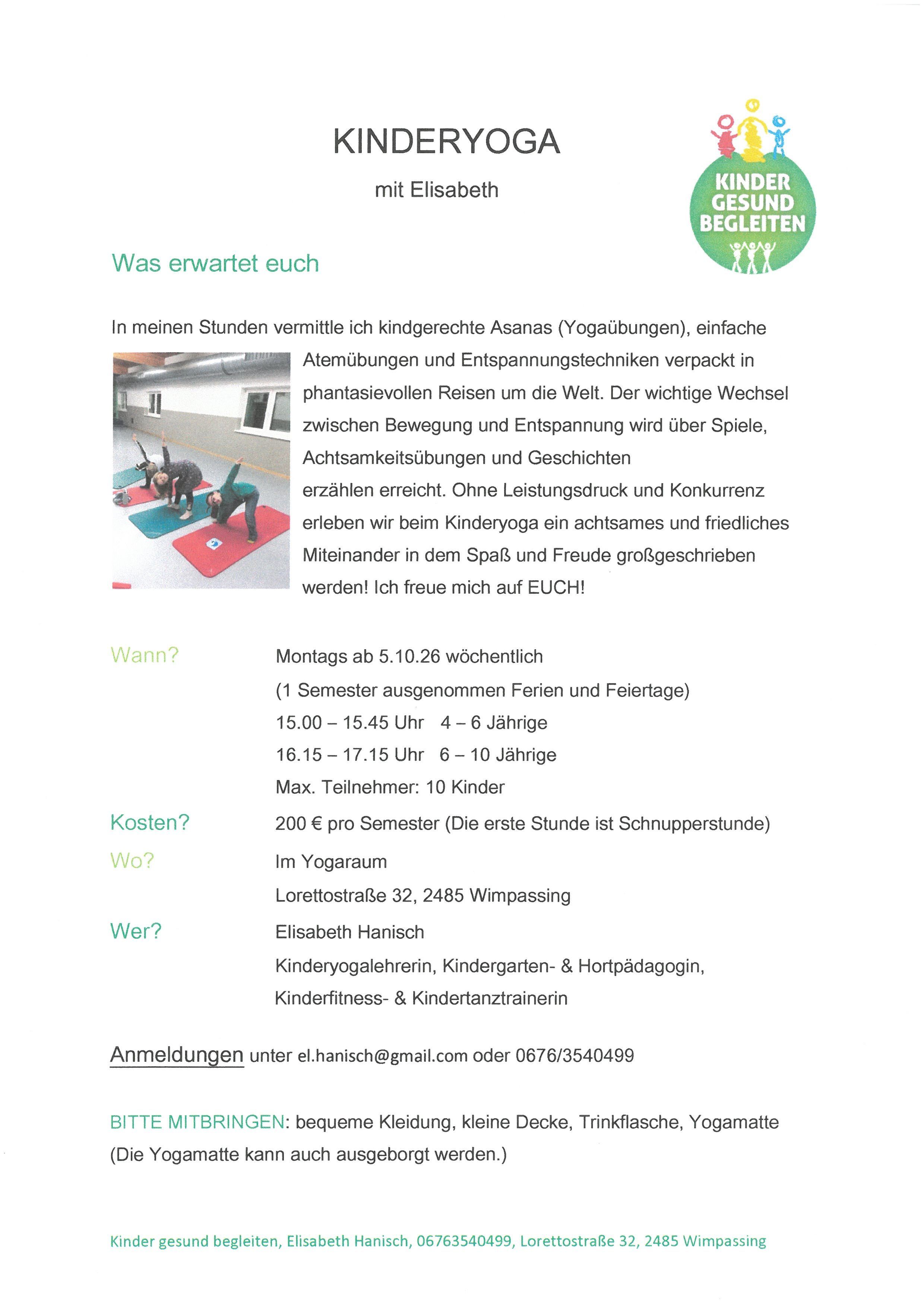Ein Bild eines Flyers für eine Kinder-Yoga-Klasse mit Details zum Zeitplan, Ort und Kursleiter. Der Flyer enthält ein Bild von Kindern, die Yoga auf Matten üben.