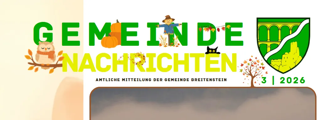 Ein Plakat für Gemeinde Nachrichten mit einer Kürbis, einem Vogelscheuche und einer Eule auf einem Ast.
