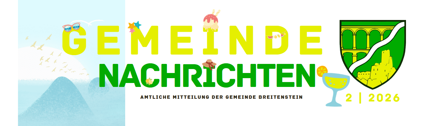 Ein Poster zeigt die Worte 'Gemeinde Nachrichten' in großen gelben und grünen Buchstaben. Der Hintergrund ist eine Mischung aus Blau und Weiß. Kleine Illustrationen von Eis, Sternen und Früchten sind verstreut.