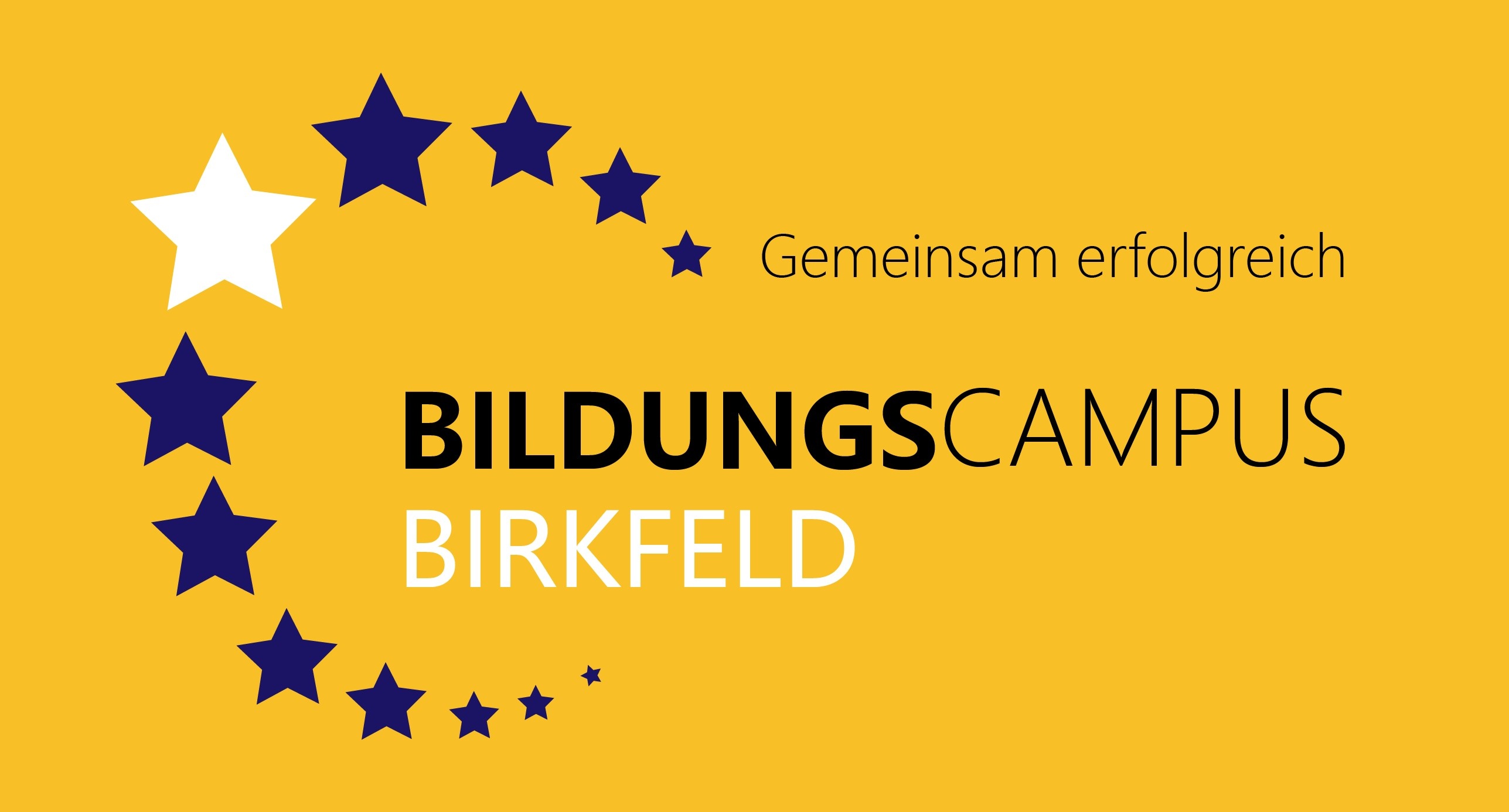 Ein gelber Hintergrund mit mehreren blauen Sternen über und unter den Worten 'Gemeinsam erfo BILDUNGSCAM BIRKFELD'. Die Worte sind in Schwarz und Weiß.