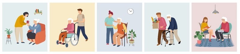 Eine Reihe von Illustrationen, die verschiedene Szenarien von älteren Menschen zeigen, die Pflege erhalten, einschließlich eines Mannes, der einer älteren Frau mit einem Gehstock hilft, eines Mannes, der einer älteren Frau im Rollstuhl hilft, eines Mannes, der mit einer älteren Frau sitzt, und eines Mannes, der Lebensmittel für eine ältere Frau trägt.