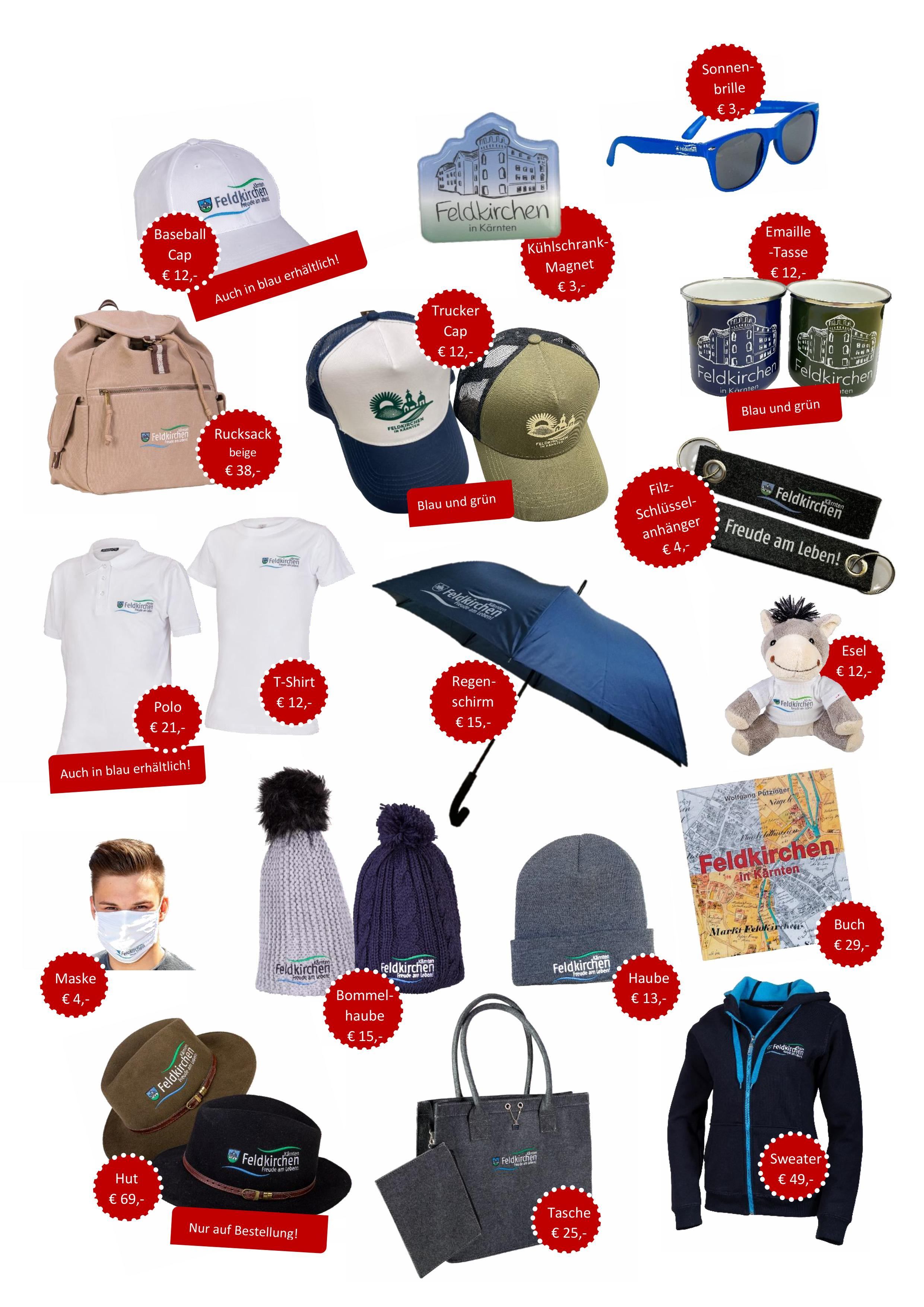 Eine Sammlung von Werbeartikeln, darunter Mützen, T-Shirts, Taschen und eine Karte, alle mit dem Namen Feldkirchen versehen. Jedes Element hat einen Preisanhänger und einige Artikel sind in Blau erhältlich.