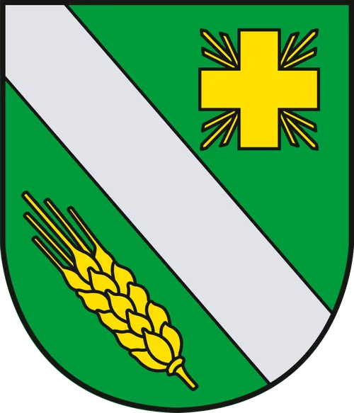Ein Schild, der durch einen diagonalen weißen Streifen geteilt ist, mit einem gelben Kreuz oben rechts und einem Weizengarben unten links.