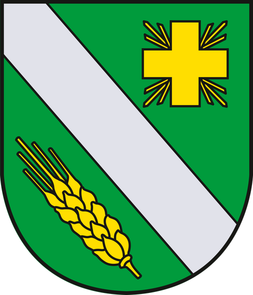 Ein Schild, der durch einen diagonalen weißen Streifen geteilt ist, mit einem gelben Kreuz oben rechts und einem Weizengarben unten links.