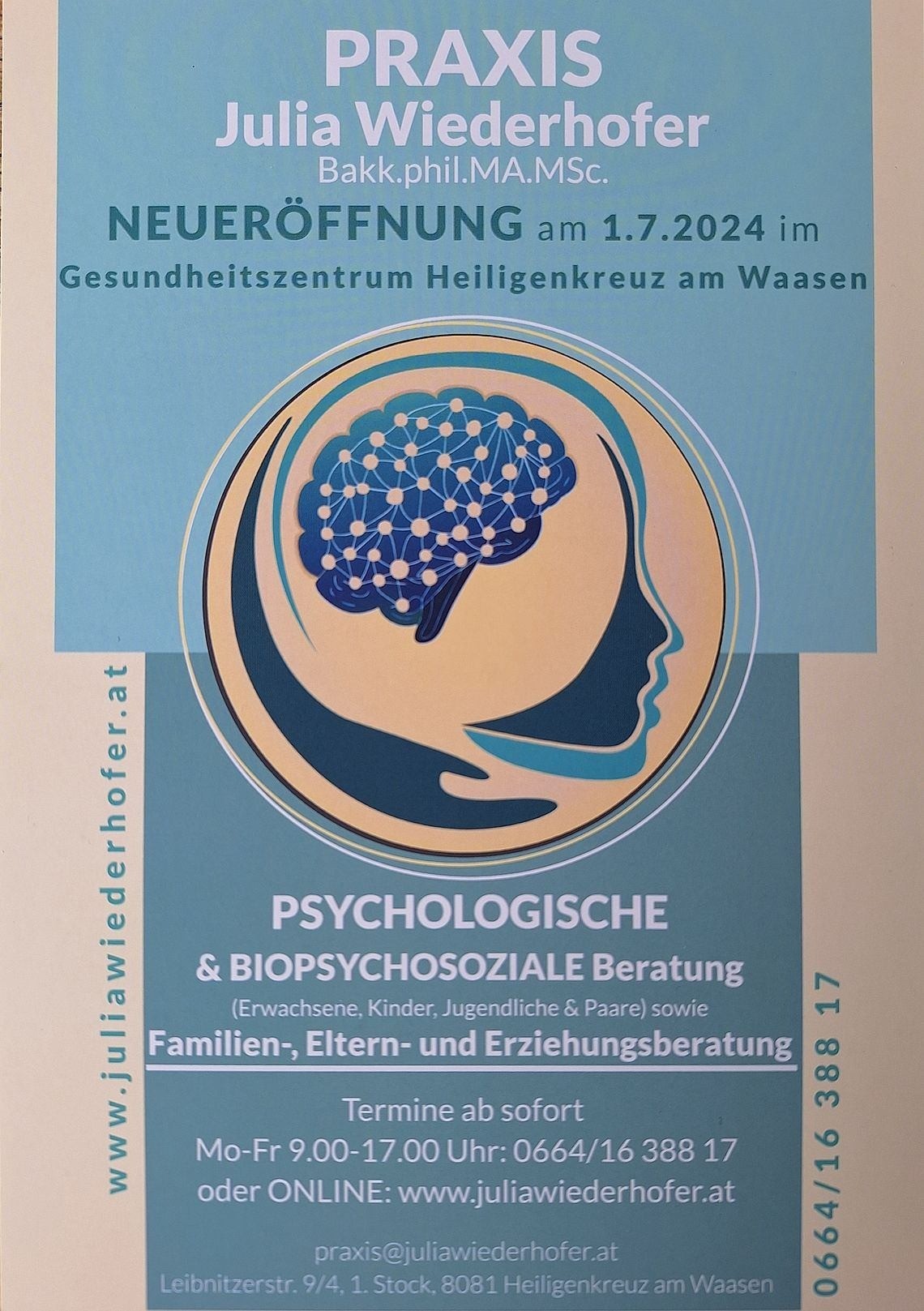 Plakat für die Neueröffnung am 1.7.2024 im Gesundheitszentrum Heiligenkreuz in Waasen. Zeigt ein Gehirn und Kopfsilhouette und bietet psychologische und biopsychosoziale Beratung für Erwachsene, Kinder, Jugendliche und Paare sowie Familien-, Eltern- und Erziehungsberatung. Termine ab sofort.