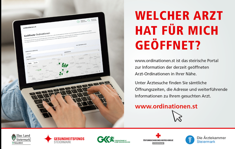 Ein Laptop zeigt eine Karte mit Standorten an, wobei eine Hand auf der Tastatur tippt. Der Text 'Welcher ist für Sie geöffnet?' ist prominent angezeigt. Eine URL, www.ordinationen.st, ist ebenfalls zu sehen. Verschiedene Logos erscheinen am unteren Rand des Bildes.