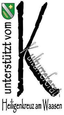 Ein schwarz-weißes Logo mit 'Kulturverein' in kursiver Schrift. Darunter steht 'unterstützt vom Heiligenkreuz am Waasen'. Ein Wappen mit einem Kreuz befindet sich in der oberen linken Ecke.
