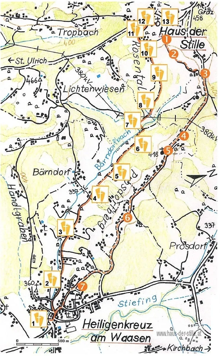 Topografische Karte mit Orten wie Lichtenwiese, Bärndorf und Prossdorf. Mehrere markierte Punkte zeigen interessante Orte an.