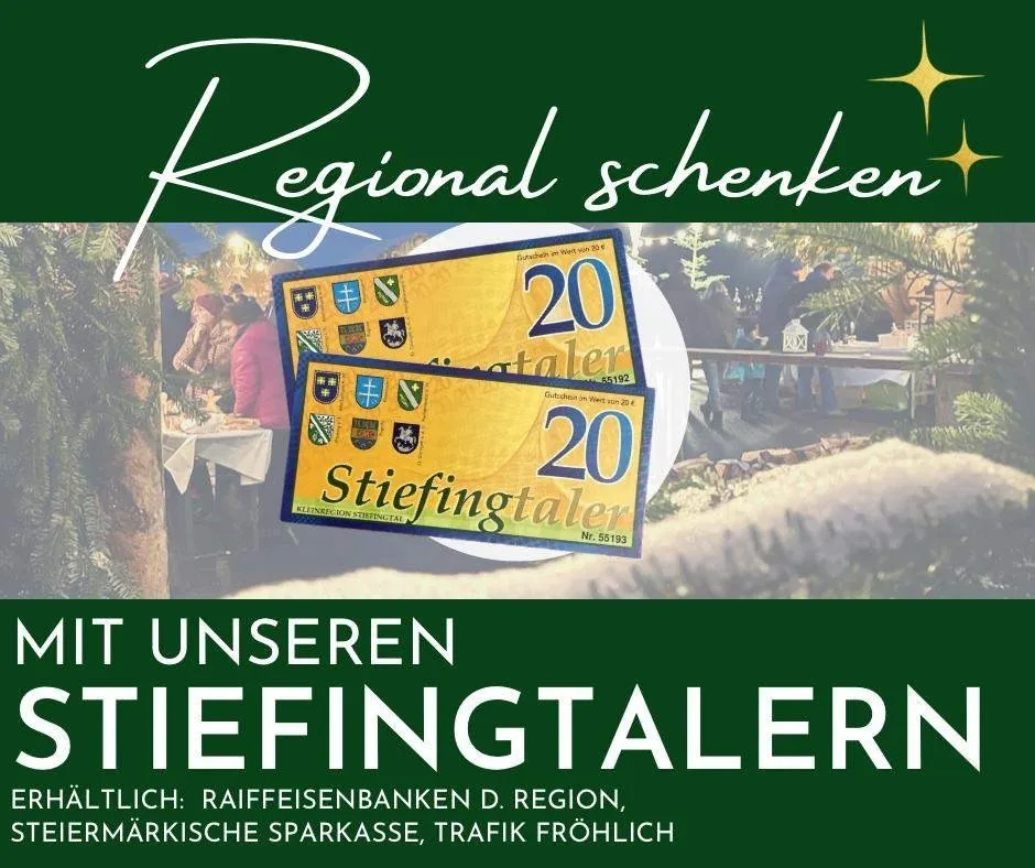 Eine Werbung für regionale Geschenke zeigt zwei gelbe Tickets mit lokalen Emblemen und der Nummer 20. Es werden Raiffeisenbanken D. Region und Verkehrsbank Froehlich erwähnt.