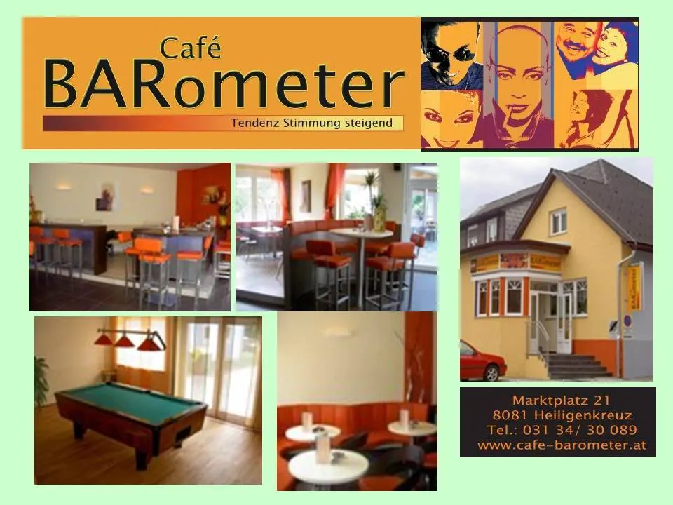 Cafe Barometer zeigt mehrere Bilder: einen Billardtisch, einen Essbereich und ein Haus. Das Haus ist gelb mit rotem Rand und einer Treppe. Der Slogan lautet 'Tendenz Stimmung steigend'.
