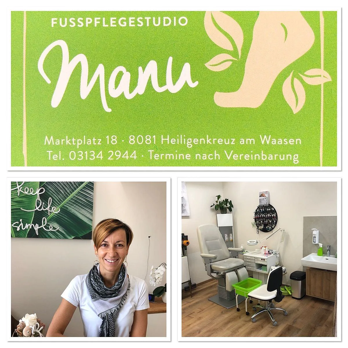Eine Werbung für ein Fußpflegestudio namens Manu. Es zeigt eine lächelnde Frau, einen Empfangsbereich und Kontaktdaten.