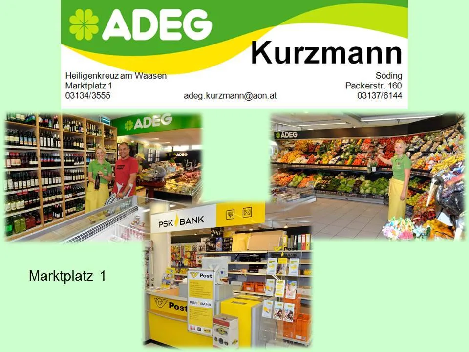 Eine Collage von Bildern aus einem Lebensmittelgeschäft, einschließlich eines Produktdisplays, eines Postschalters und Mitarbeitern in Uniform. Der Name 'ADEG' ist prominent angezeigt.