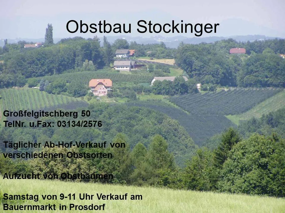 Ein Bauernhof namens Obstbau Stockinger, gelegen in Prossdorf. Kontakt per Fax unter 03134/2576. Offener Bauernmarkt von 9-11 Uhr.
