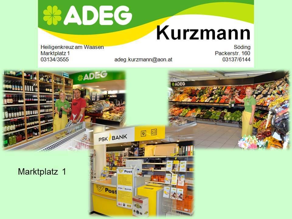Eine Collage von Bildern aus einem Lebensmittelgeschäft, einschließlich eines Produktdisplays, eines Postschalters und Mitarbeitern in Uniform. Der Name 'ADEG' ist prominent angezeigt.