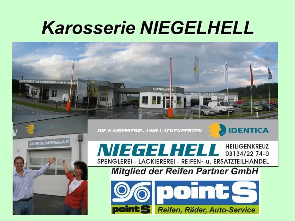 Ein Banner für Karosserie Niegelhell, ein Karosserie- und Lackierbetrieb, zeigt ein Gebäude, Autos und zwei Personen. Es listet Dienstleistungen wie Karosseriearbeiten, Lackierung, Reifen und Ersatzteile auf. Es ist Mitglied der Reifen Partner GmbH.