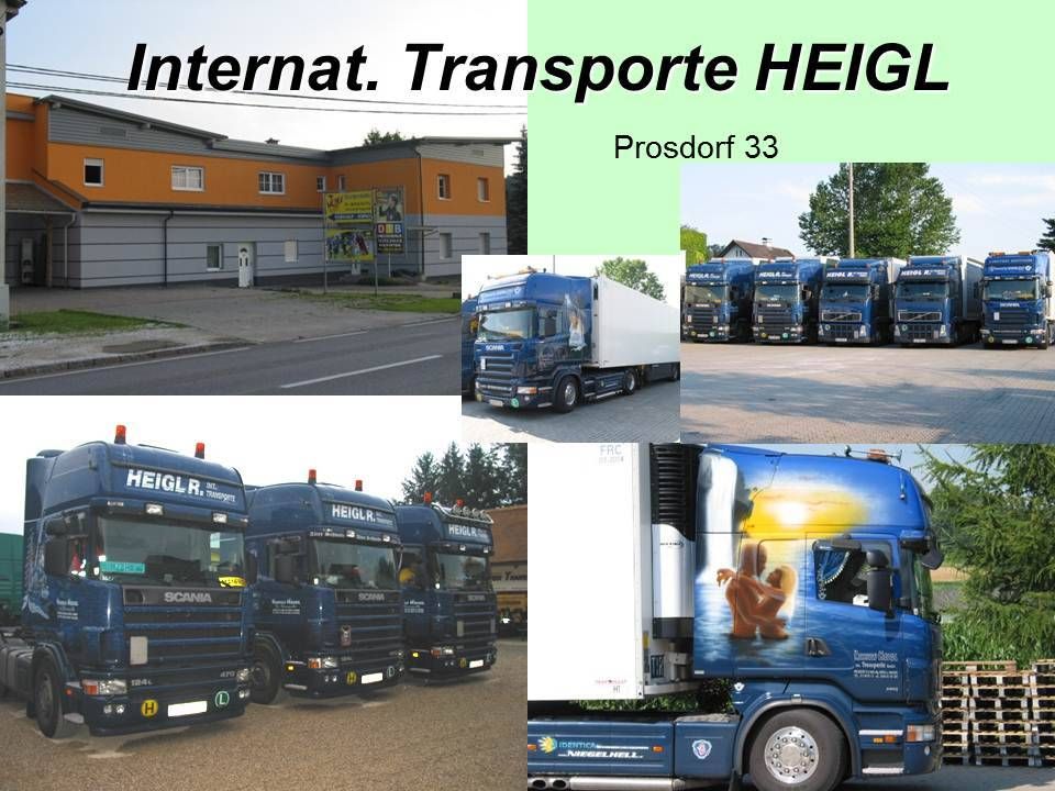 Eine Collage von Bildern, die blaue LKWs von Heigl International Transport zeigt. Ein Gebäude mit orangefarbenen und grauen Wänden ist im Hintergrund zu sehen.