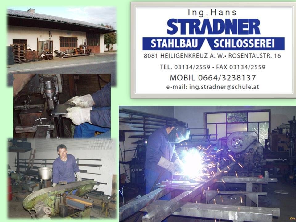 Visitenkarte für Stradner Stahlbau Schlosser. Sie zeigt Bilder von Arbeitern, einer Fabrik und einem Schweißvorgang. Sie enthält Kontaktdaten und E-Mail.