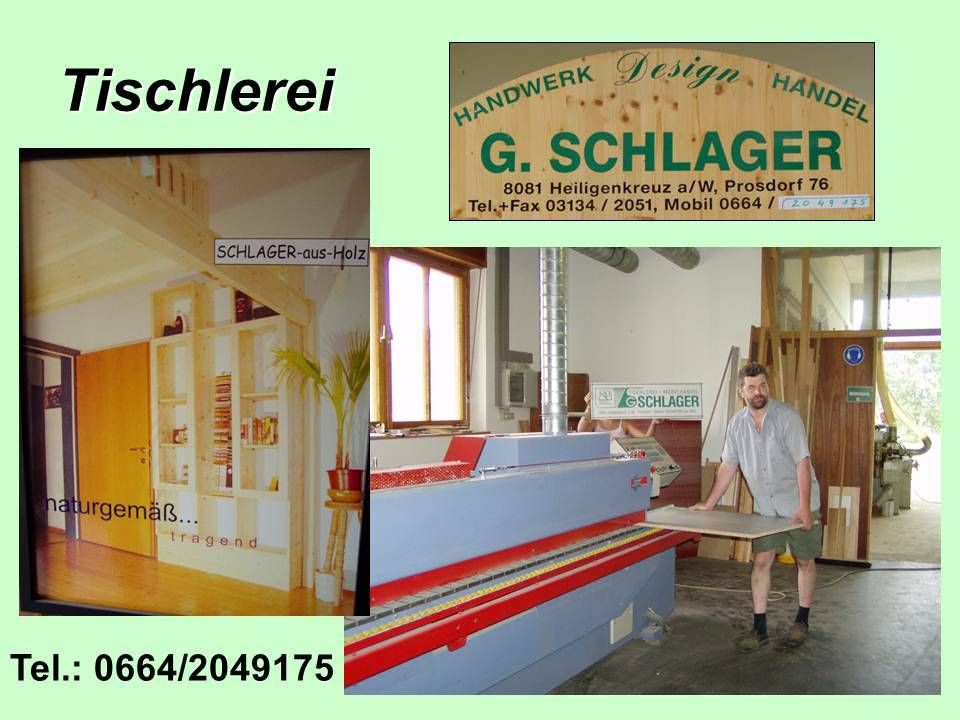 Eine Werbung für die Zimmermannswerkstatt von G. Schlager, mit einem Mann, der mit einer Maschine arbeitet, einem Holzschild und einer Telefonnummer.