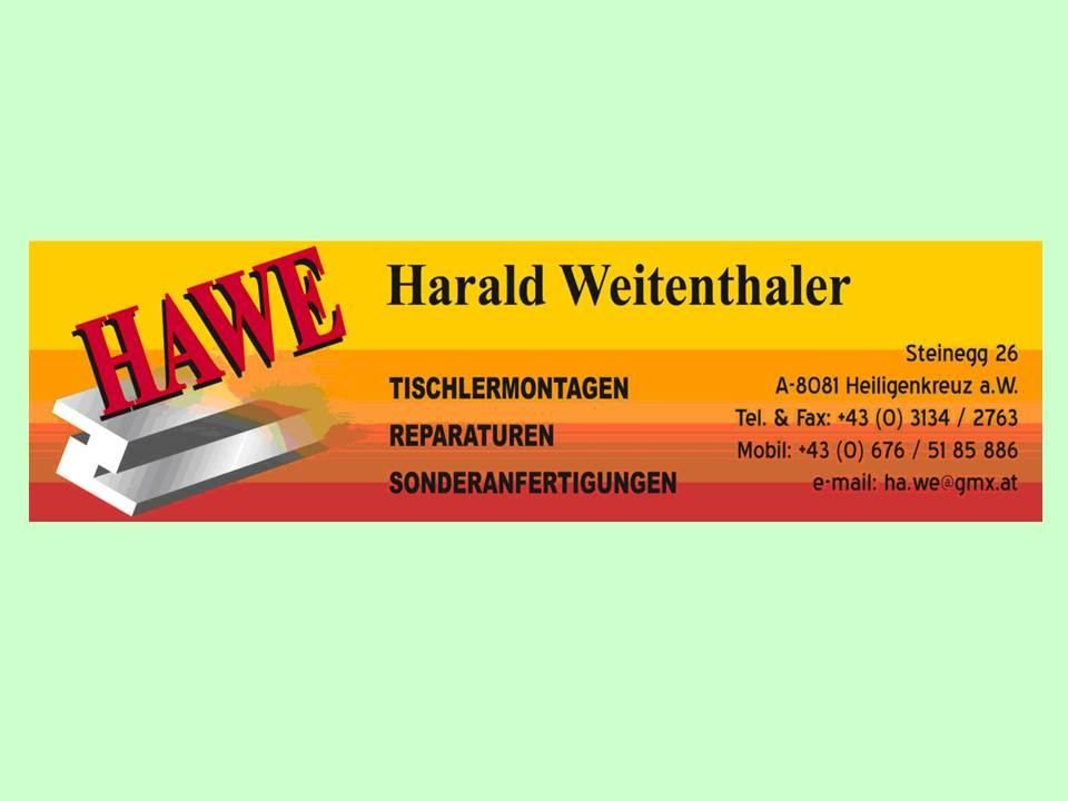 Visitenkarte von Harald Weitenhaler für Tischlerarbeiten, Reparaturen und Sonderanfertigungen. Kontakt per Telefon oder E-Mail möglich.
