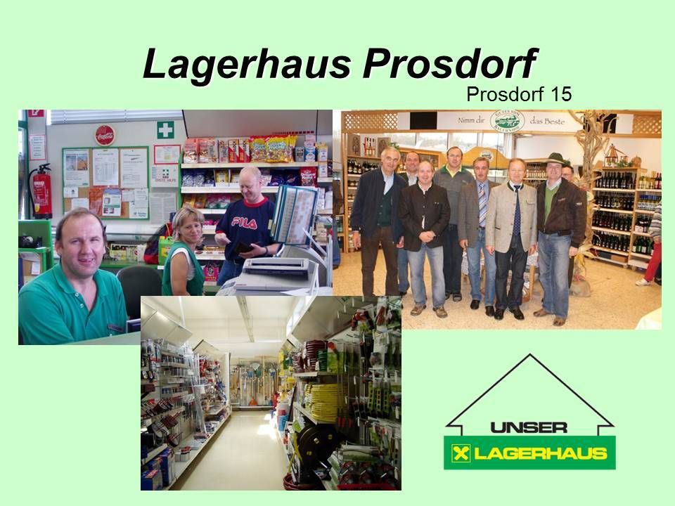 Eine Collage von Bildern zum Thema Lagerhaus Prosdorf. Es enthält ein Geschäft, eine Gruppe von Menschen und Produkte.