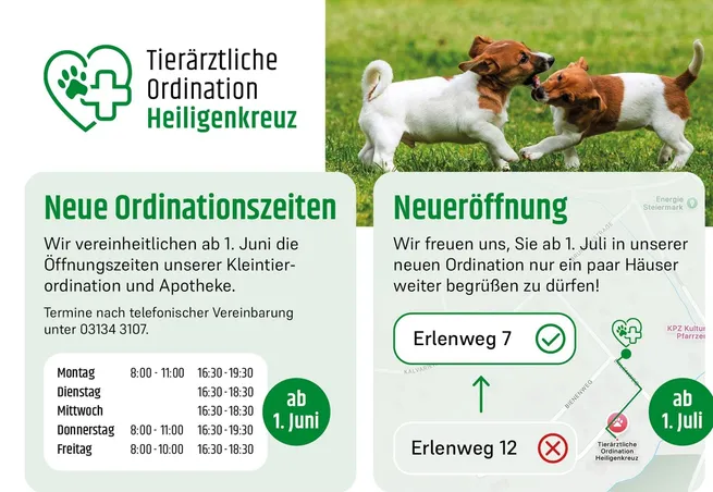 Werbung für eine Tierärztliche Ordination in Heiligenkreuz. Neueröffnung am Erlenweg 7, ab 1. Juni offen für Besucher. Öffnungszeiten werden angezeigt. Termine telefonisch vereinbaren.