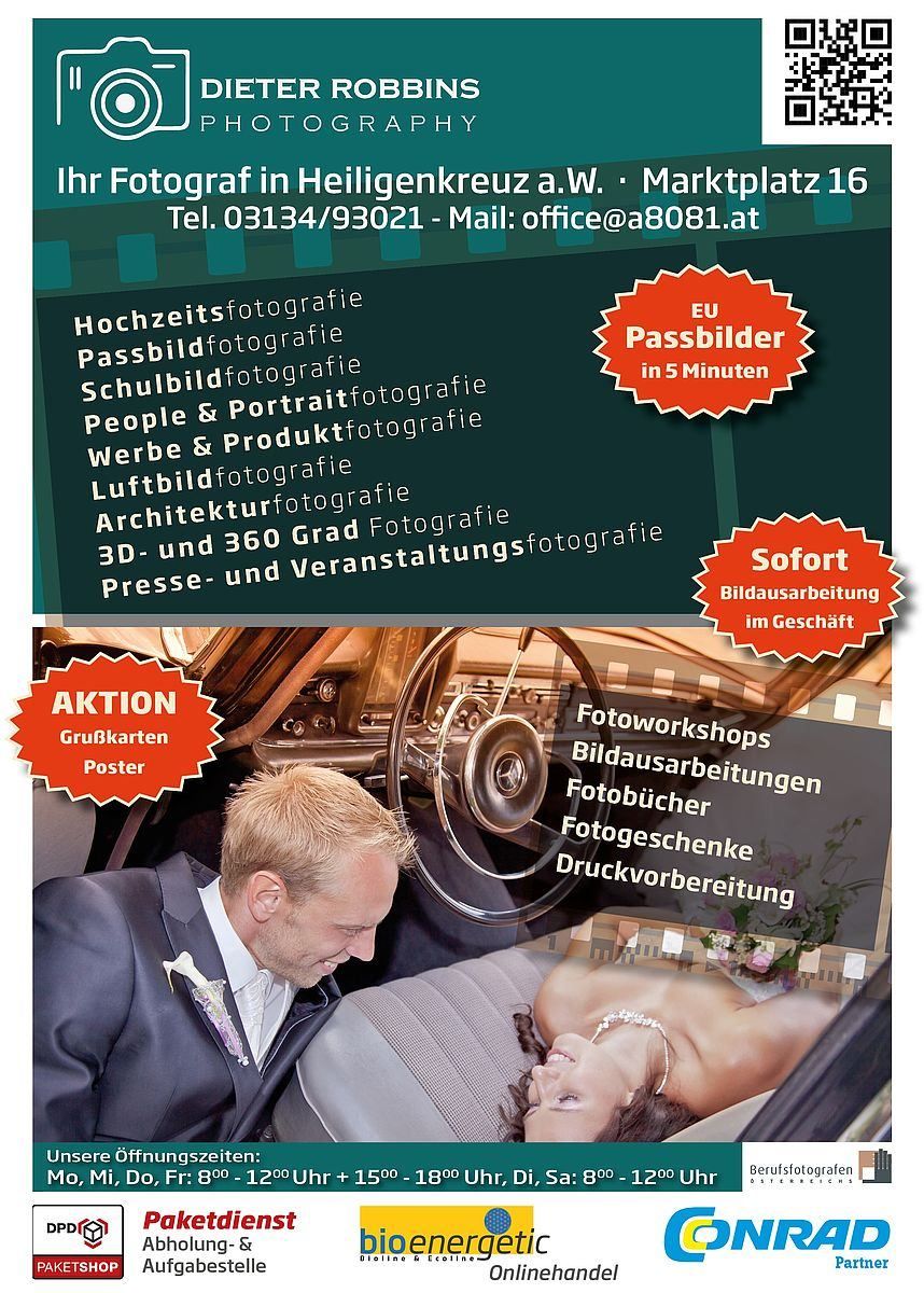 Ein Werbeflyer für verschiedene Fotodienstleistungen, darunter Porträt-, Event- und Architekturfotografie. Es zeigt einen Mann und eine Frau in einem Auto mit Texten auf Deutsch. Kontaktinformationen und angebotene Dienste sind ebenfalls aufgeführt.