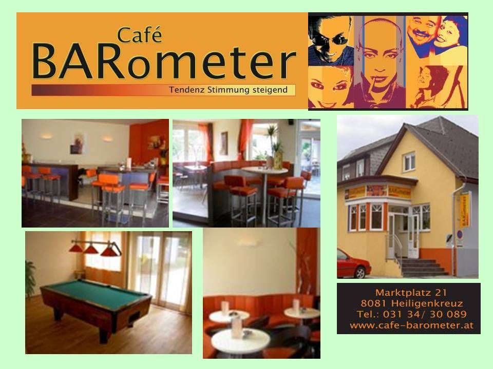 Cafe Barometer zeigt mehrere Bilder: einen Billardtisch, einen Essbereich und ein Haus. Das Haus ist gelb mit rotem Rand und einer Treppe. Der Slogan lautet 'Tendenz Stimmung steigend'.
