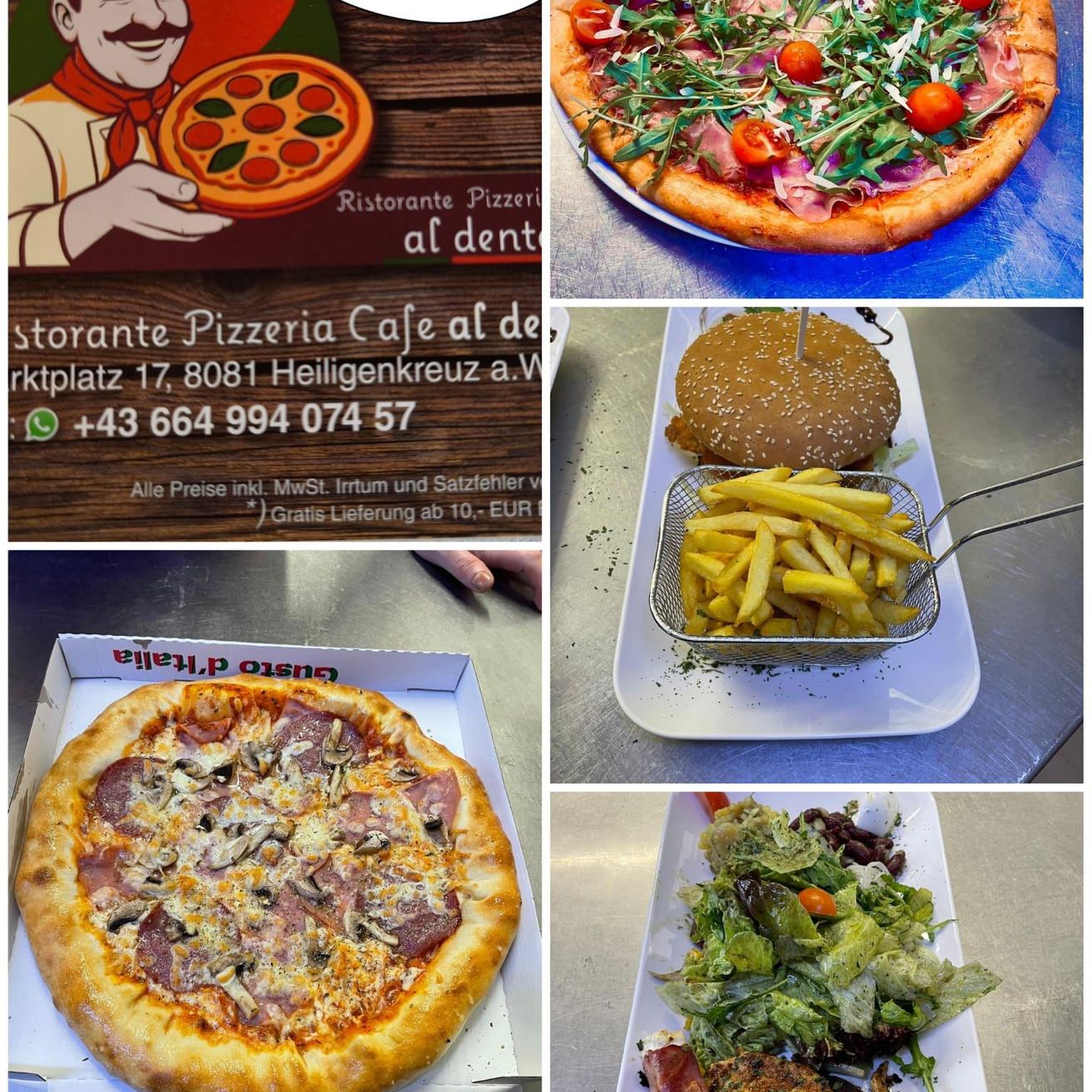 Eine Collage verschiedener Speisen, darunter Pizza, Burger, Pommes und Salat, auf einem hölzernen Hintergrund mit Restaurantlogo und Kontaktinformationen.