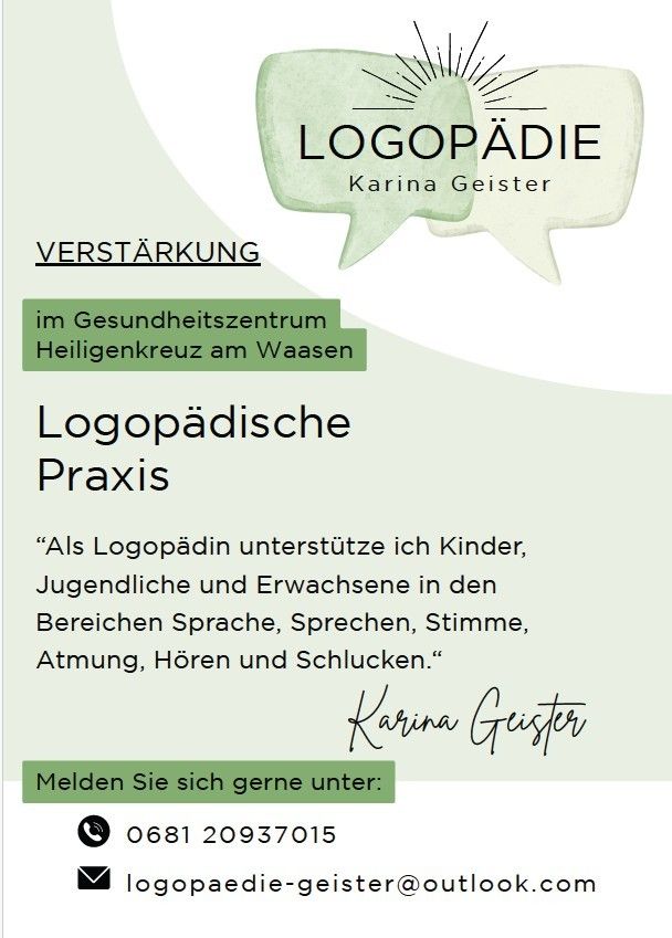 Logopädische Praxis in Heiligenkreuz am Waasen, spezialisiert auf Sprache, Stimme, Atmung und Schlucken. Kontaktieren Sie Karina Geister für Dienstleistungen.