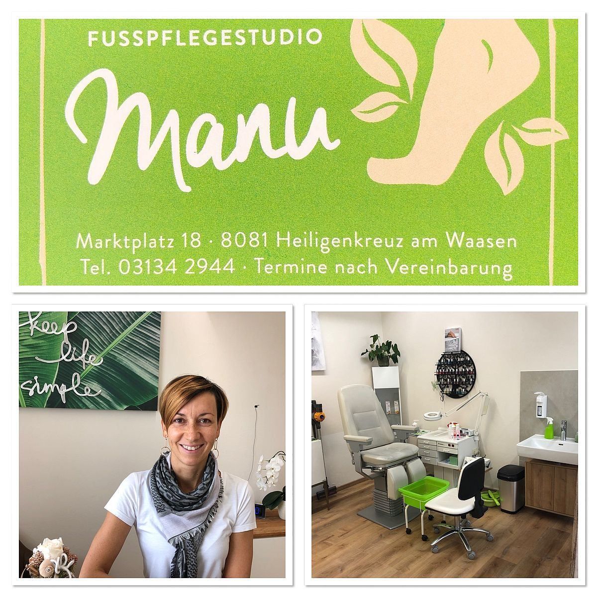 Eine Werbung für ein Fußpflegestudio namens Manu. Es zeigt eine lächelnde Frau, einen Empfangsbereich und Kontaktdaten.