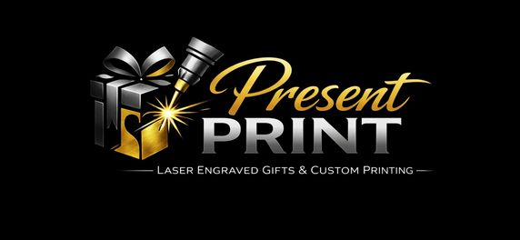 Present Print Logo mit Laser, Geschenkbox und Schleife. Lasergravierte Geschenke und individuelles Drucken.