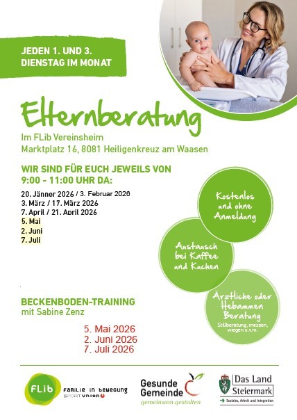 Plakat für Elternberatung bei der FLiib-Vereinigung. Jeden 1. und 3. Dienstag im Monat kostenlos. Termine sind der 3. März, 7. April, 5. Mai, 2. Juni und 7. Juli. Zusätzliche Termine für Beckenbodentraining mit Sabine Zenz sind der 5. Mai, 2. Juni und 7. Juli. Kostenlos und ohne Anmeldung. Kaffee und Kuchen verfügbar.