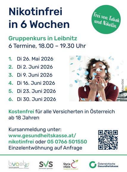 Plakat für einen kostenlosen sechswöchigen Gruppenkurs in Leibnitz zum Rauchstopp. Termine und Zeiten sind aufgelistet mit einem Link zur Anmeldung und einem QR-Code.