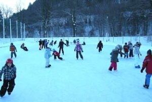 Mehrere Kinder spielen auf einem verschneiten Feld, einige gehen und andere liegen. Sie tragen alle Winterkleidung und einige haben Mützen auf. In der Ferne gibt es Bäume und Berge.