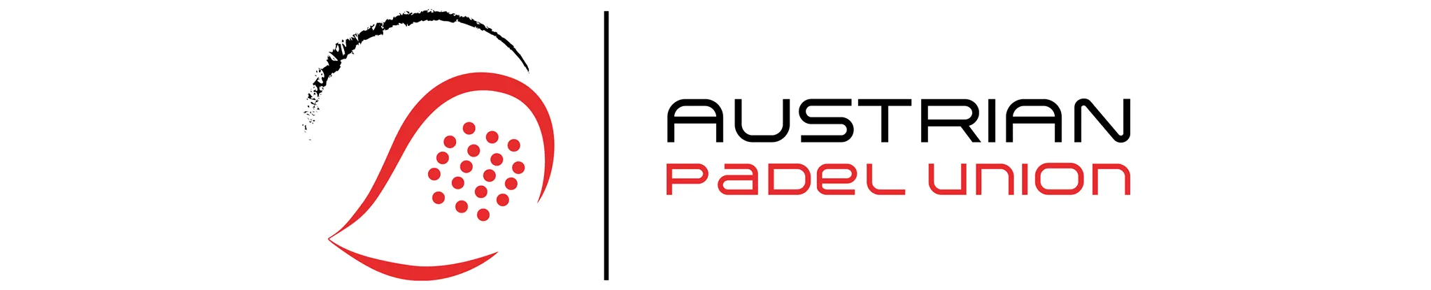 Das Logo der Austria Padel Union zeigt ein rotes kreisförmiges Symbol mit roten Punkten und einer schwarzen Linie, zusammen mit den Worten 'AUSTR PADEL UI' in schwarzen und roten Buchstaben.