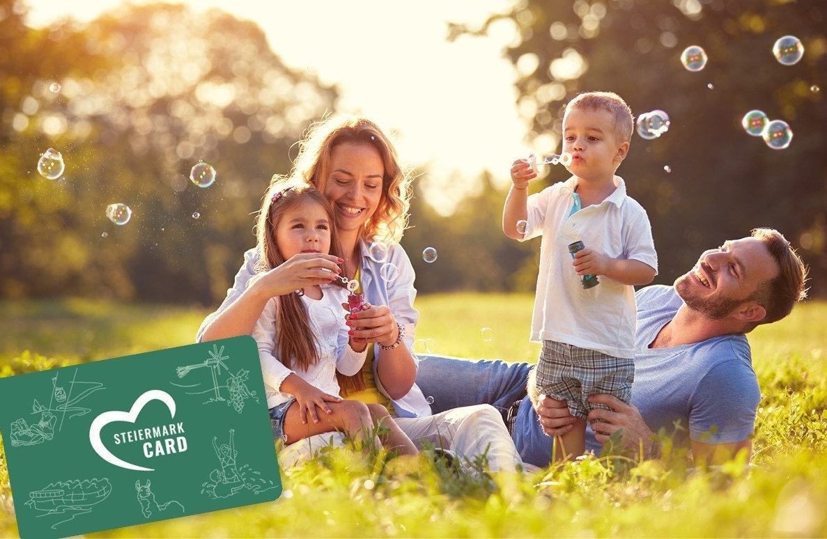 Eine vierköpfige Familie genießt einen sonnigen Tag im Park, wobei ein junger Junge und ein Mädchen Seifenblasen blasen. Der Junge hält einen Blasenstab.