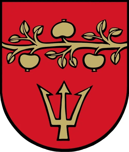 Ein roter Schild mit einem Dreizack in der Mitte und einem Zweig mit drei Äpfeln darüber.