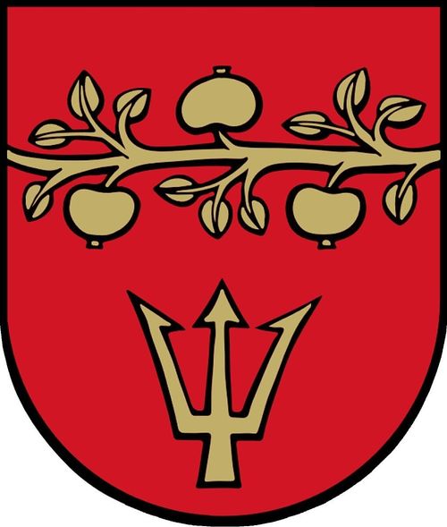 Ein roter Schild mit einem Dreizack in der Mitte und einem Zweig mit drei Äpfeln darüber.