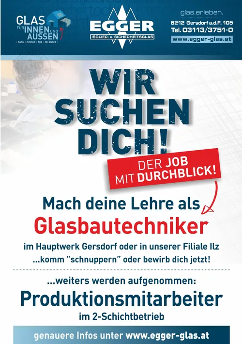 Eine Anzeige für eine Stellenangebote als Glasbautechniker in Gersdorff oder dessen Niederlassung in Ilz. Es lädt Bewerber ein, sich zu bewerben oder 'schnuppern'. Weitere Details werden aufgenommen.