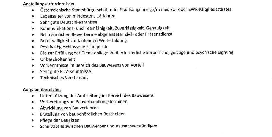 Ein Dokument mit einer Liste von Jobanforderungen und Aufgaben, auf Deutsch geschrieben.