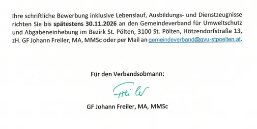 Ein formeller Brief ist auf weißem Hintergrund zu sehen. Er ist an den Gemeindeverband für Umweltschutz und Abfallentsorgung im Bezirk St. Pölten gerichtet. Der Brief enthält eine Unterschrift und ein Datum vom 30. November 2026.
