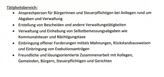 Ein Dokument mit dem Titel 'Tätigkeitsbereich' und Aufzählungspunkten, die verschiedene Aktivitäten wie Ansprechpartner für Bürger und Steuerpflichtige, Ausstellung von Bescheiden, Verwaltung von Selbstbemessungsabgaben und mehr auflisten.