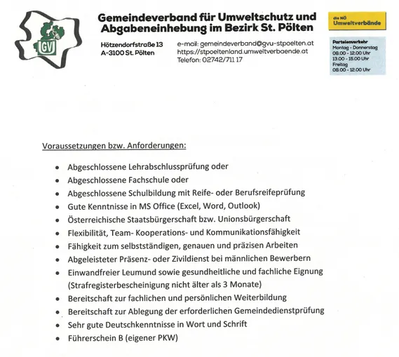Ein Dokument des Gemeindeverbands für Umweltschutz und Abfalleinbindung im Bezirk St. Pölten, das Jobanforderungen wie abgeschlossene Berufsausbildung, Kenntnisse in MS Office und weitere Qualifikationen auflistet.